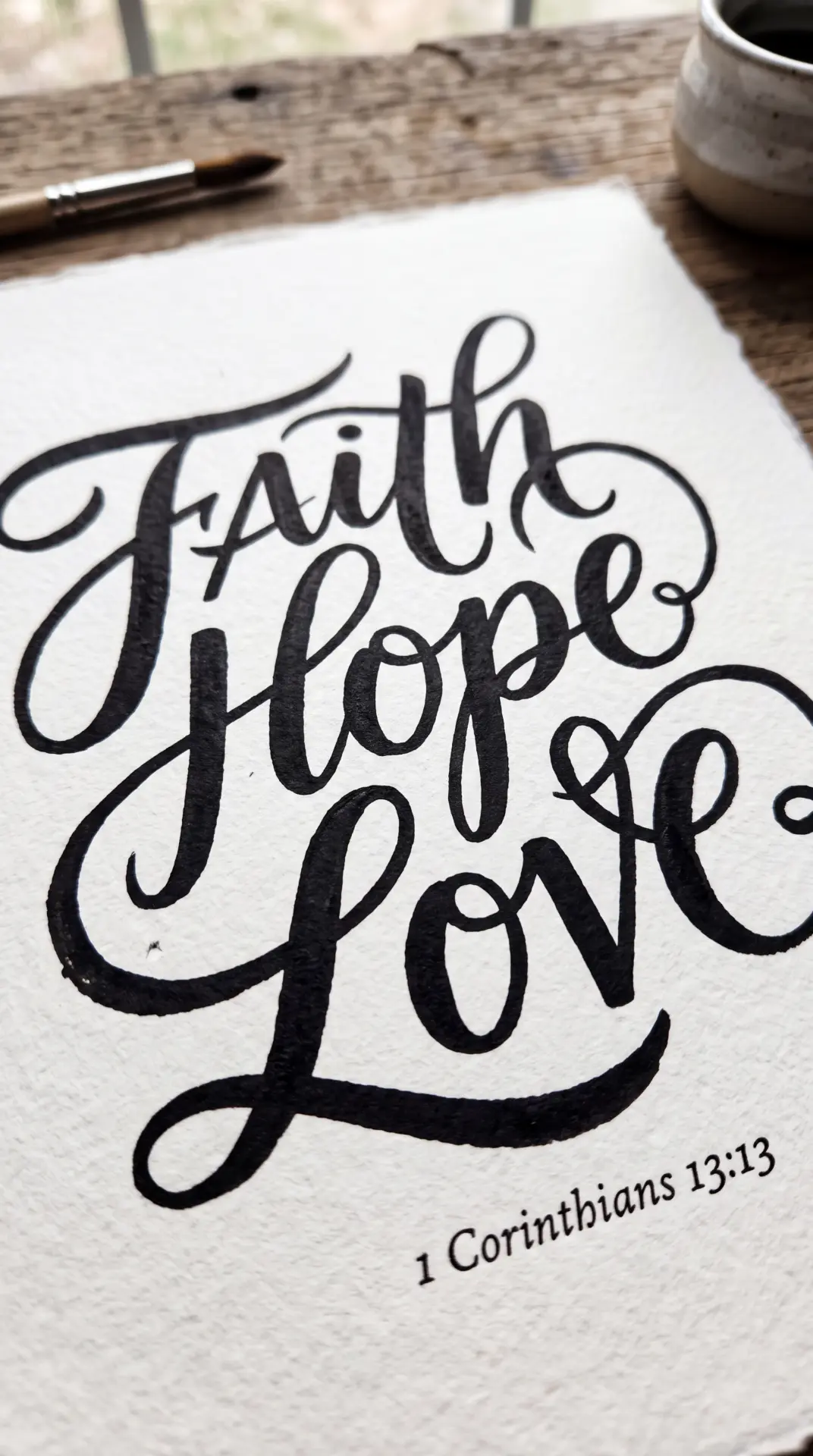 Faith Hope Love hand-lettered in black ink
